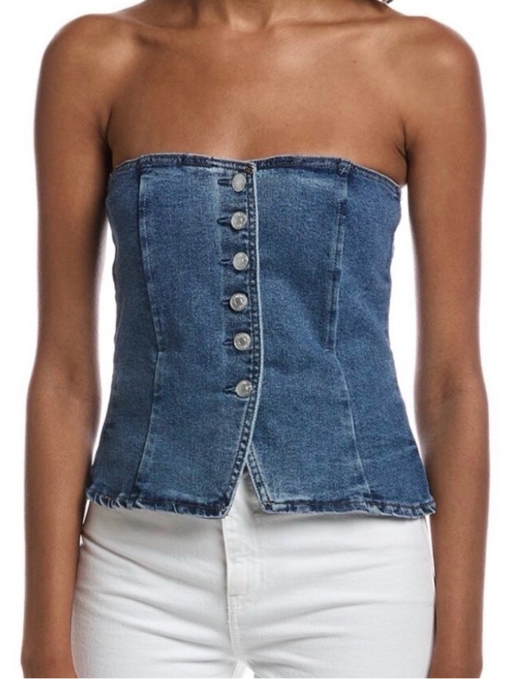Current/Elliott Blue Denim Button-Front corset style tube top